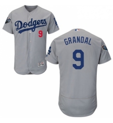 Mens Majestic Los Angeles Dodgers 9 Yasmani Grandal Gray Alternate Flex Base Collection 2018 World Series Jersey 20
