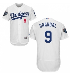 Mens Majestic Los Angeles Dodgers 9 Yasmani Grandal White Home Flex Base Authentic Collection 2018 World Series Jersey
