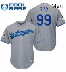 Mens Majestic Los Angeles Dodgers 99 Hyun Jin Ryu Replica Grey Road 2017 World Series Bound Cool Base MLB Jersey