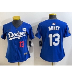 Women Los Angeles Dodgers 13 Max Muncy Royal 2024 World Series With No  34 Patch Alternate Limited Stitched Baseball Jersey 