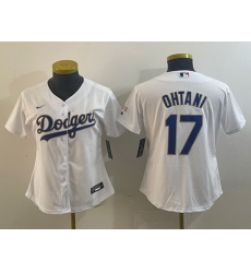 Women Los Angeles Dodgers 17 Shohei Ohtani White Gold Stitched Jersey 28Run Small 29