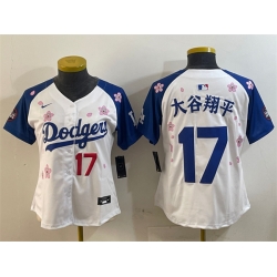 Women Los Angeles Dodgers 17  Shohei Ohtani White Royal 2025 Tokyo Series Limited Stitched Baseball Jersey