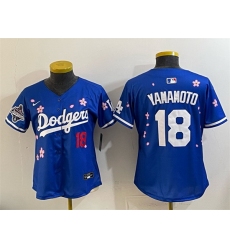 Women Los Angeles Dodgers 18 Yoshinobu Yamamoto Royal 2025 World Series Champions Patch Tokyo Series Limited Stitched Baseball Jersey 