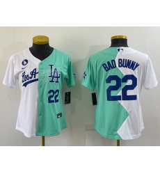 Women Los Angeles Dodgers 22 Bad Bunny 2022 All Star White Green Split Stitched Baseball Jersey 28Run Small 29