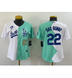 Women Los Angeles Dodgers 22 Bad Bunny 2022 All Star White Green Split Stitched Baseball Jersey 28Run Small 291