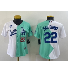 Women Los Angeles Dodgers 22 Bad Bunny 2022 All Star White Green Split Stitched Baseball Jerseys  28 Run Small 29