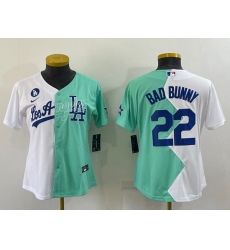 Women Los Angeles Dodgers 22 Bad Bunny 2022 All Star White Green Split Stitched Baseball Jerseys 28Run Small 29