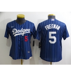Women Los Angeles Dodgers 5 Freddie Freeman Blue Stitched Baseball Jersey 28Run Small 2