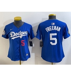 Women Los Angeles Dodgers 5 Freddie Freeman Royal 2024 World Series With Fernando Memorial Patch Alternate Limited Stitched Baseball Jersey 