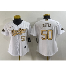 Women Los Angeles Dodgers 50 Mookie Betts 2022 All Star White Stitched Baseball Jersey 28Run Small 29