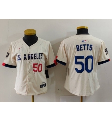 Women Los Angeles Dodgers 50 Mookie Betts Cream Stitched Jersey 5