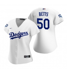 Women Los Angeles Dodgers 50 Mookie Betts White 2020 World Series Champions Replica Jersey