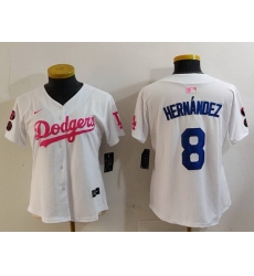 Women Los Angeles Dodgers 8 Enrique Hernandez White Pink Vin  26 Kobe Patch Stitched Baseball Jersey