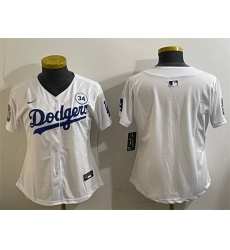 Women Los Angeles Dodgers Blank White 2024 World Series With No  34 Patch Home Limited Stitched Baseball Jersey 