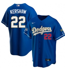 Women Los Angeles Dodgers Clayton Kershaw 22 Championship Gold Trim Blue Limited All Stitched Flex Base Jersey
