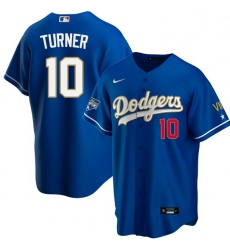 Women Los Angeles Dodgers Justin Turner 10 Championship Gold Trim Blue Limited All Stitched Flex Base Jersey