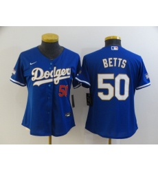 Women Los Angeles Dodgers Mookie Betts 50 Championship Gold Trim Blue Limited All Stitched Cool Base Jersey