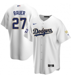Women Los Angeles Dodgers Trevor Bauer 27 Championship Gold Trim White Limited All Stitched Cool Base Jersey
