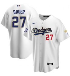 Women Los Angeles Dodgers Trevor Bauer 27 Championship Gold Trim White Limited All Stitched Flex Base Jersey