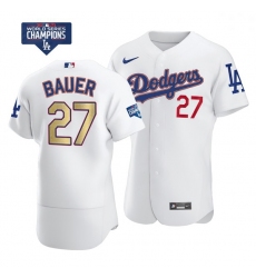 Women Los Angeles Dodgers Trevor Bauer 27 Gold Program Designed Edition White Flex Base Stitched Jersey