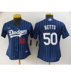 Women's Los Angeles Dodgers #50 Mookie Betts Navy Blue Pinstripe Stitched MLB Cool Base Nike Jersey