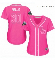 Womens Majestic Los Angeles Dodgers 30 Maury Wills Authentic Pink Fashion Cool Base 2018 World Series MLB Jersey