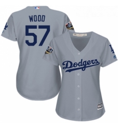 Womens Majestic Los Angeles Dodgers 57 Alex Wood Authentic Grey Road Cool Base 2018 World Series MLB Jersey 