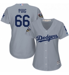 Womens Majestic Los Angeles Dodgers 66 Yasiel Puig Authentic Grey Road Cool Base 2018 World Series MLB Jerseyy