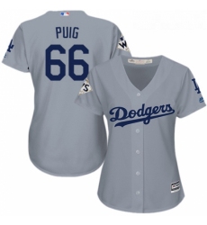 Womens Majestic Los Angeles Dodgers 66 Yasiel Puig Replica Grey Road 2017 World Series Bound Cool Base MLB Jersey