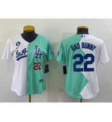 Youth Los Angeles Dodgers 22 Bad Bunny 2022 All Star White Green Split Stitched Jerseys 1