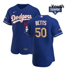 Youth Los Angeles Dodgers Mookie Betts 50 Gold Program Designed Edition Blue Flex Base Stitched Jersey