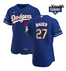Youth Los Angeles Dodgers Trevor Bauer 27 Gold Program Designed Edition Blue Flex Base Stitched Jersey
