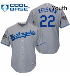 Youth Majestic Los Angeles Dodgers 22 Clayton Kershaw Authentic Grey Road Cool Base 2018 World Series MLB Jersey