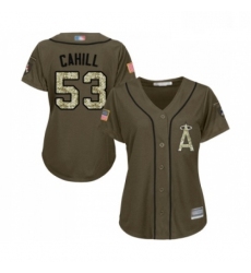 Womens Los Angeles Angels of Anaheim 53 Trevor Cahill Authentic Green Salute to Service Baseball Jersey 