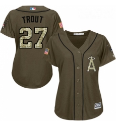 Womens Majestic Los Angeles Angels of Anaheim 27 Mike Trout Replica Green Salute to Service MLB Jersey
