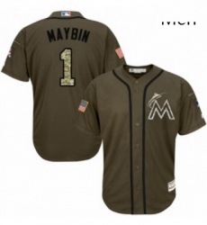 Mens Majestic Miami Marlins 1 Cameron Maybin Authentic Green Salute to Service MLB Jersey 