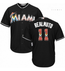 Mens Majestic Miami Marlins 11 J T Realmuto Authentic Black Team Logo Fashion Cool Base MLB Jersey 