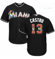 Mens Majestic Miami Marlins 13 Starlin Castro Authentic Black Team Logo Fashion Cool Base MLB Jersey 
