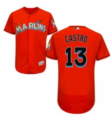 Mens Majestic Miami Marlins 13 Starlin Castro Orange Alternate Flex Base Authentic Collection MLB Jersey