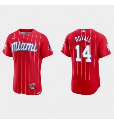 Miami Marlins 14 Adam Duvall Men Nike 2021 City Connect Authentic MLB Jersey Red