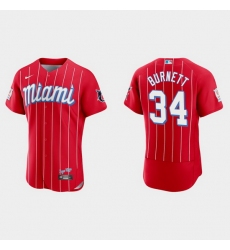 Miami Marlins 34 A J  Burnett Men Nike 2021 City Connect Authentic MLB Jersey Red