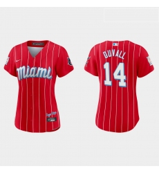 Miami Marlins 14 Adam Duvall Women Nike 2021 City Connect Authentic MLB Jersey Red