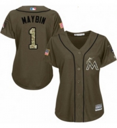 Womens Majestic Miami Marlins 1 Cameron Maybin Authentic Green Salute to Service MLB Jersey 