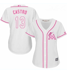 Womens Majestic Miami Marlins 13 Starlin Castro Replica White Fashion Cool Base MLB Jersey 