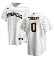 Men Milwaukee Brewers 0 Brice Turang White Cool Base Stitched Jersey