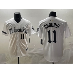 Men Milwaukee Brewers 11 Jackson Chourio White  Gothic 414 Shadows Edition Vapor Premier Limited Stitched Jersey