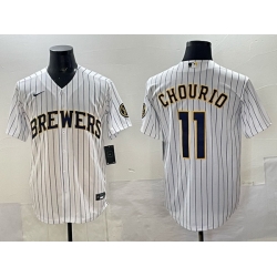 Men Milwaukee Brewers 11 Jackson Chourio White Pinstripe 2025 With Patch Stitched Baseball Jersey