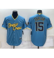 Men Milwaukee Brewers 15 Tyrone Taylor 2022 Powder Blue City Connect Cool Base Stitched Jersey