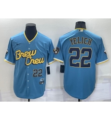 Men Milwaukee Brewers 22 Christian Yelich 2022 Powder Blue City Connect Cool Base Stitched Jersey