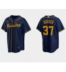 Men Milwaukee Brewers 37 Adrian Houser Navy Cool Base Stitched Jersey